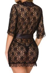 Black Floral Lace Mid Sleeve Lingerie Robe 3 Pc Set Areous
